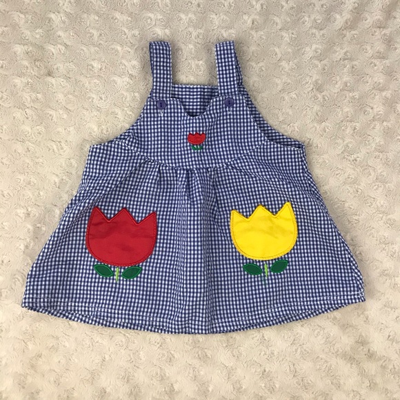 Vintage Tiny Tots Dress Blue Gingham Tulips Flower - Picture 1 of 4